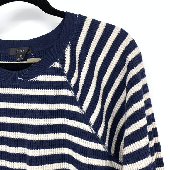 J.Crew Waffle Knit Lounge Set Sweatshirt + Short Womens M Blue Cream Stripe NEW - Picture 11 of 15